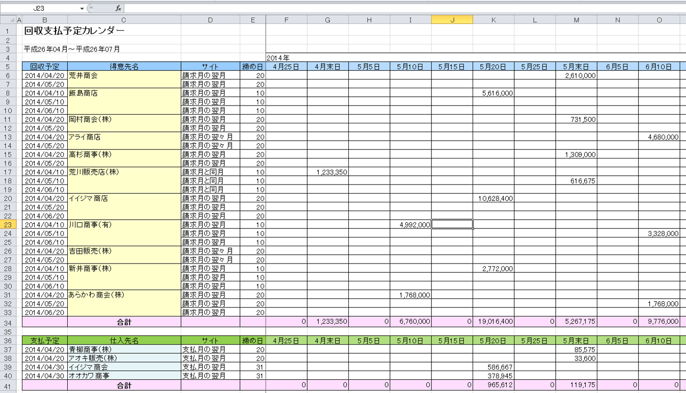 回収支払予定カレンダー