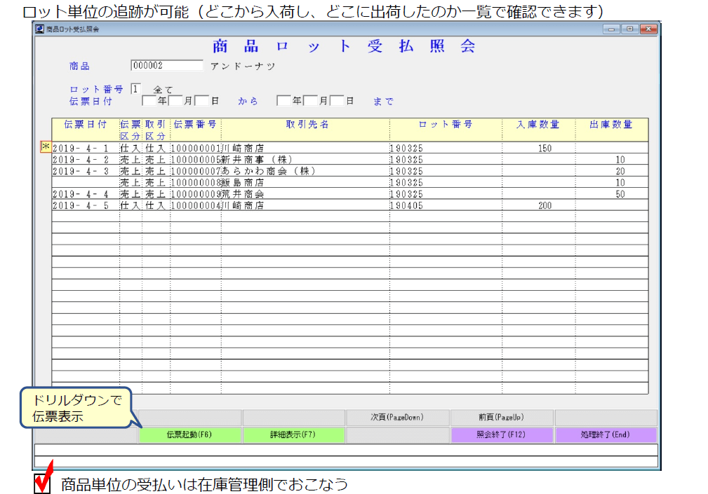 ロット単位のトレース（追跡）も受払照会で確認