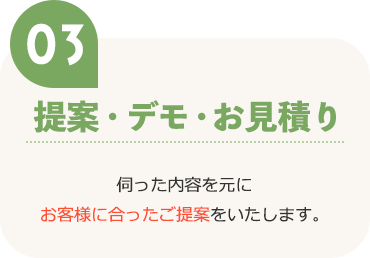 提案・デモ・見積 伺った内容を元にお客様に合ったご提案をいたします